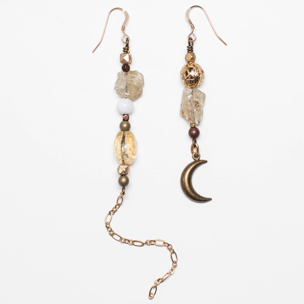 Gold Earrings with Moon, Citrine and Kunzite Gemstone in Mismatch Style