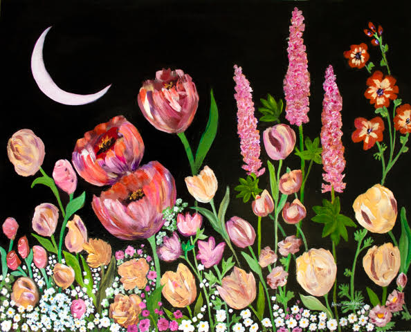 Printed greeting card. Flowers and moon. Original art by westcoast artist Honor Baldigara