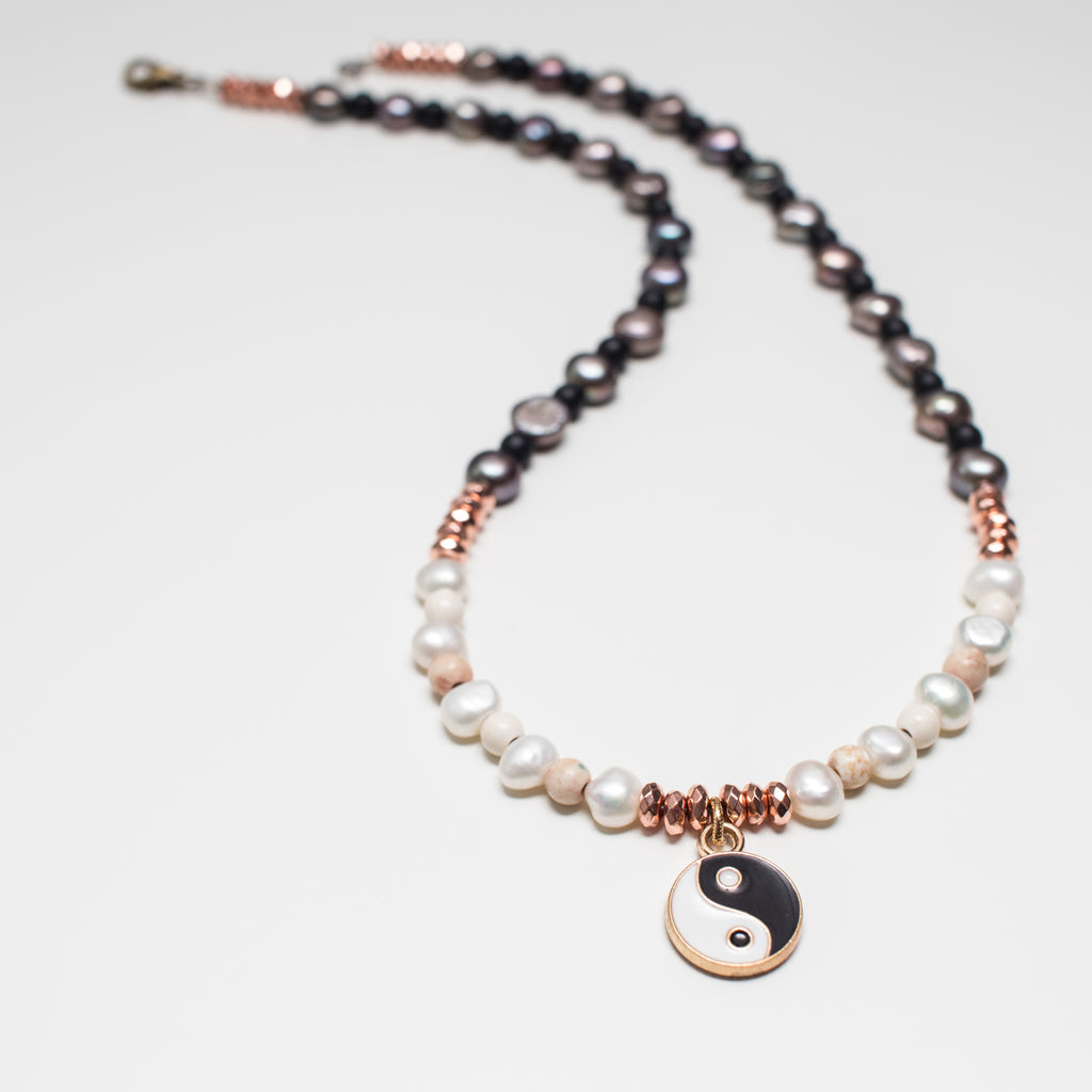 Rose Gold Yin Yang Pendant Necklace with Cream/Aubergine Pearls, Black Onyx and Hematite Gemstone in Short Style