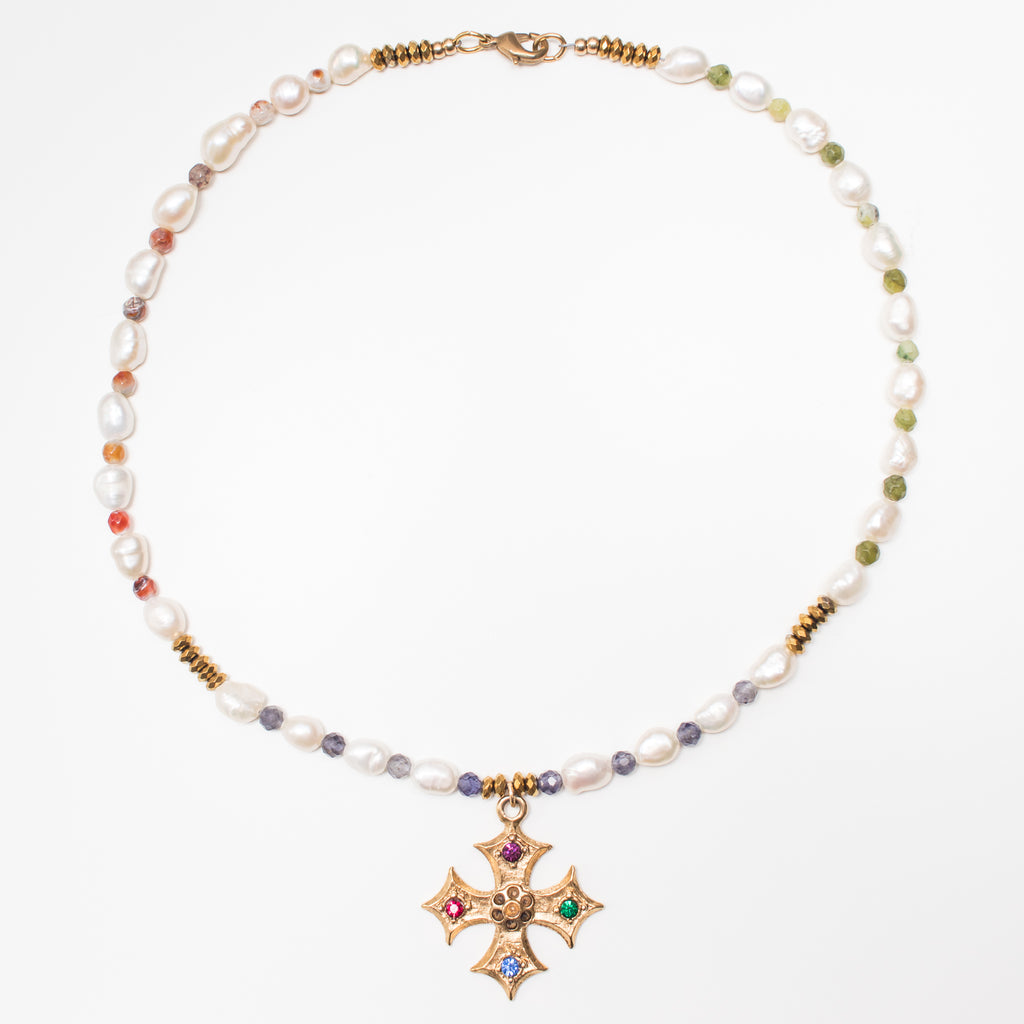 Gold Cross Pendant Necklace, Pearl and Ombre Agate Gemstone in Short Style