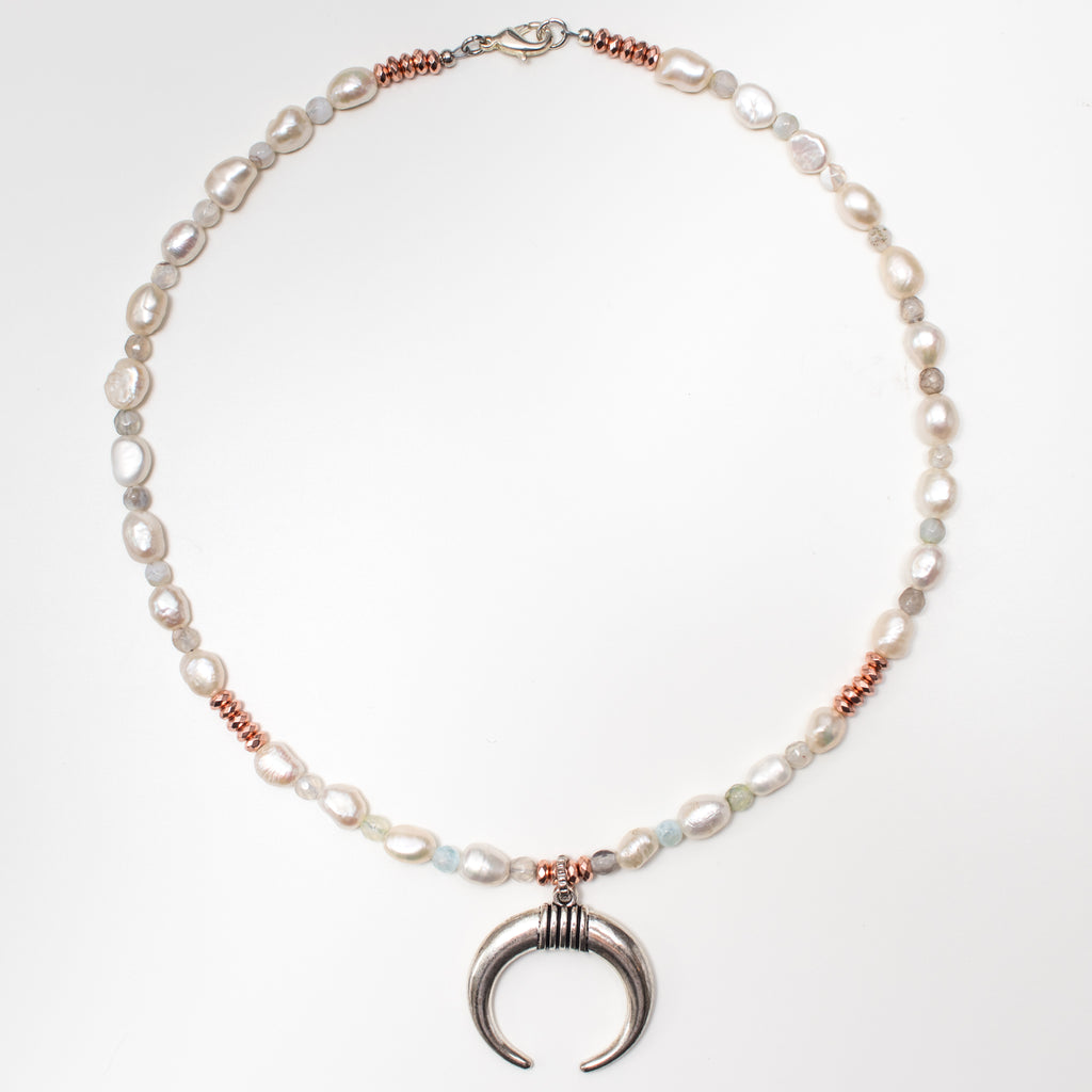 Silver Moon Pendant Necklace with Cream Pearl and Rose Gold Hematite Gemstones in Short Style