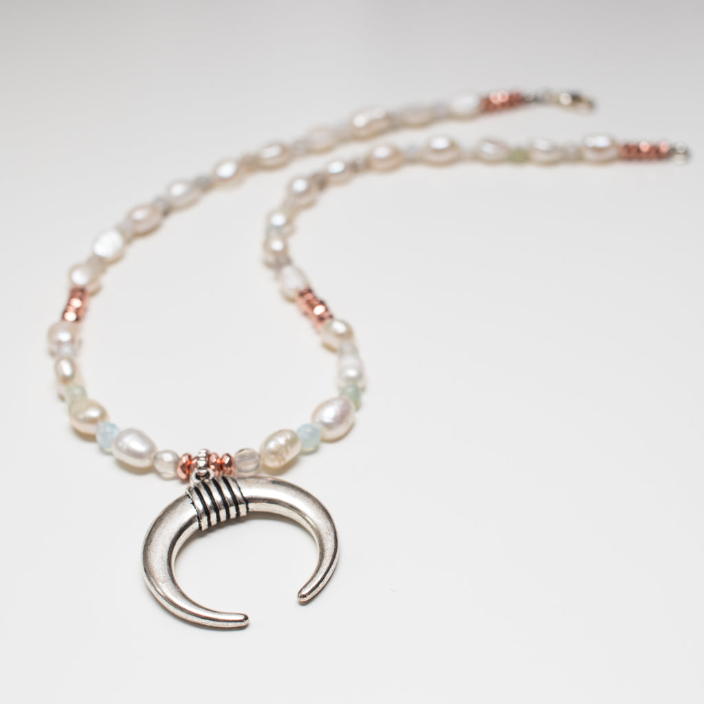 Silver Moon Pendant Necklace with Cream Pearl and Rose Gold Hematite Gemstones in Short Style