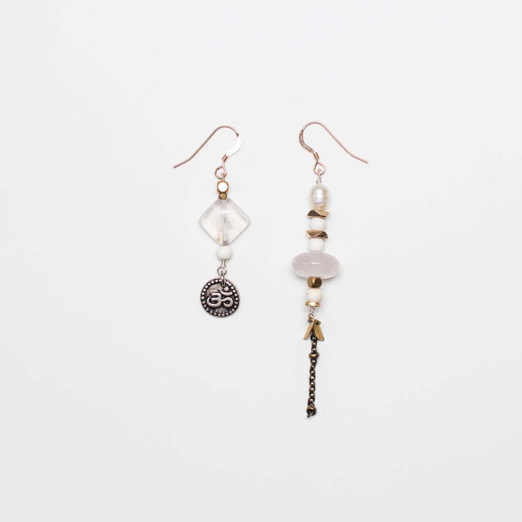 Gold Earrings with Om, Pearl and Pink Rose Quartz Gemstone in Mismatch Style