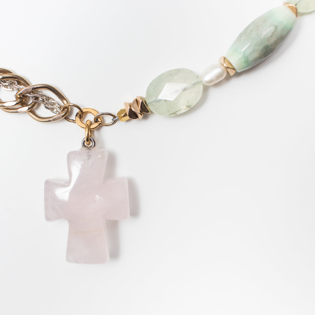 Gold Necklace with Pink Rose Quartz Cross Pendant, Cream Pearl and Green Prehnite Gemstone in Short Style
