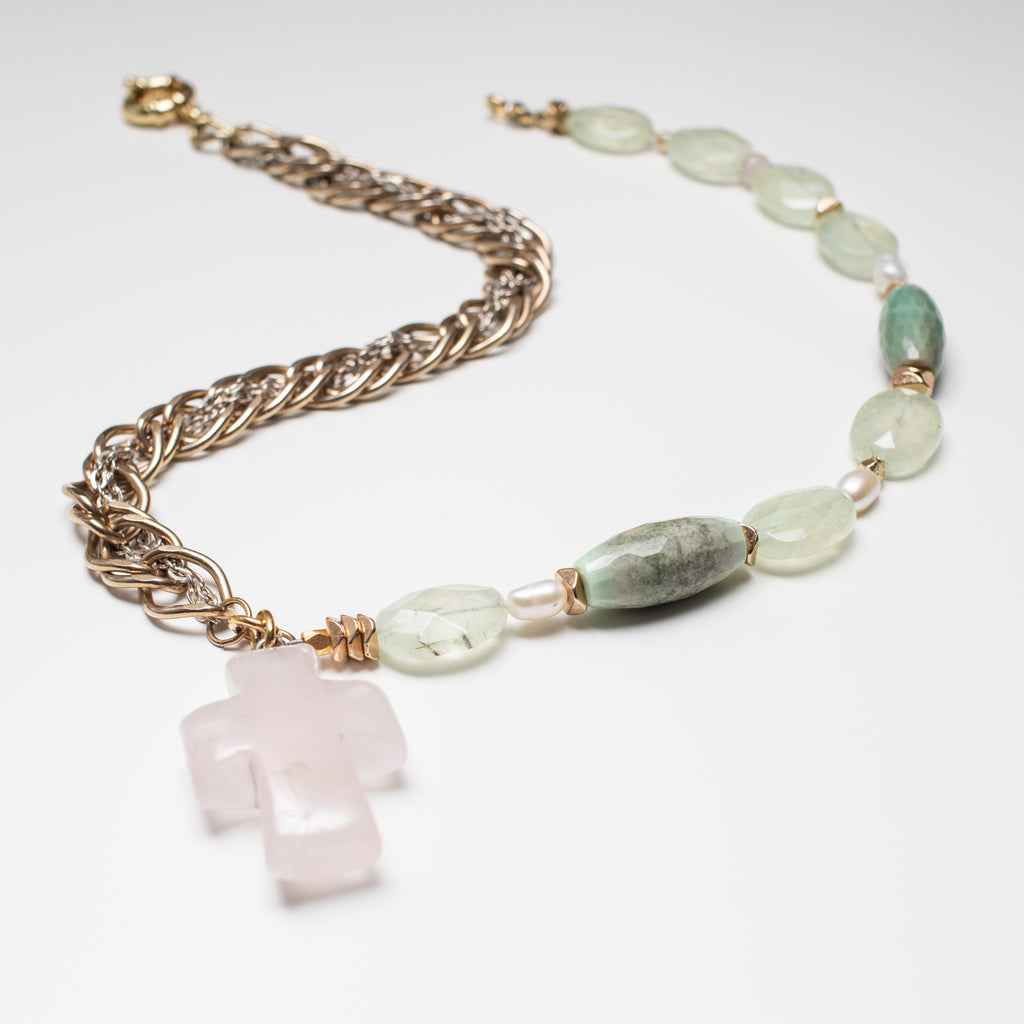 Gold Necklace with Pink Rose Quartz Cross Pendant, Cream Pearl and Green Prehnite Gemstone in Short Style