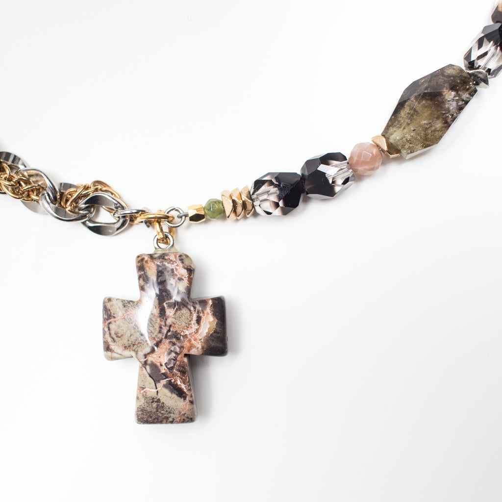 Gold Necklace with Rainforest Jasper Cross Pendant, Smoky Quartz, Peach Sandstone and Green Suri Jade Gemstone in Short Style