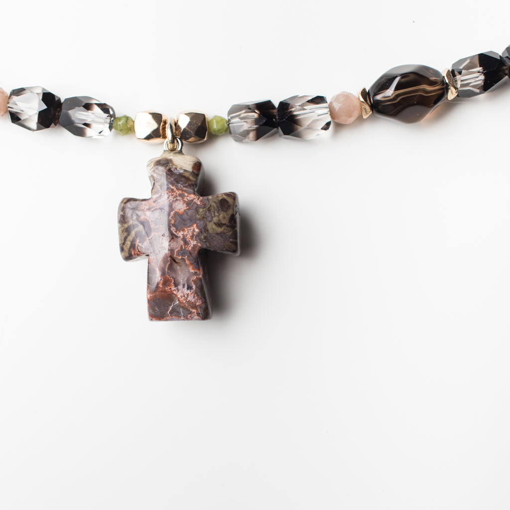 Gold Necklace with Rainforest Jasper Cross Pendant, Smoky Quartz, Peach Sandstone and Green Suri Jade Gemstone in Long Style