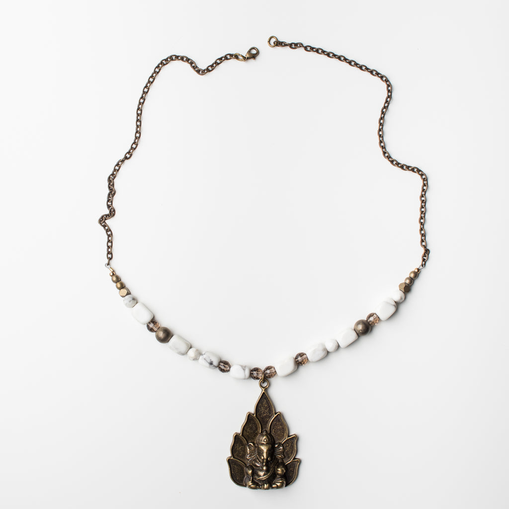 Brass Ganesha Elephant Pendant Necklace with White Howlite and Smoky Quartz Gemstone in Short Style with Brass Extender for Long Style