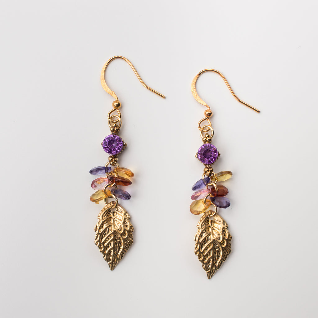 purple golden leaf multi coloured matching earrings