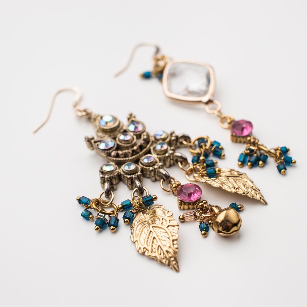 Gold Chandelier Earrings with pink, gold leaves and a clear crystal in a Mismatch upcycle Style