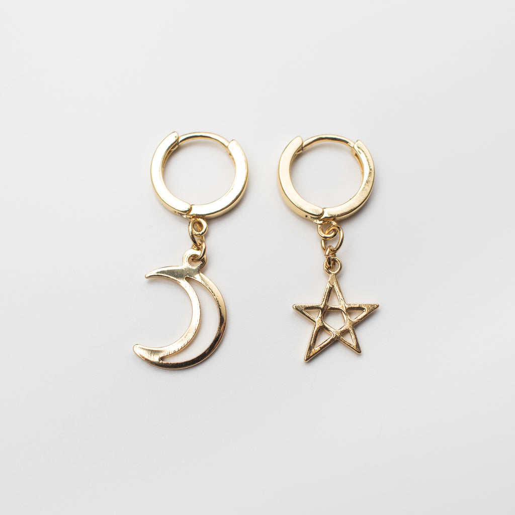 Gold Star and moon hoop earring in the mismatch  huggie style