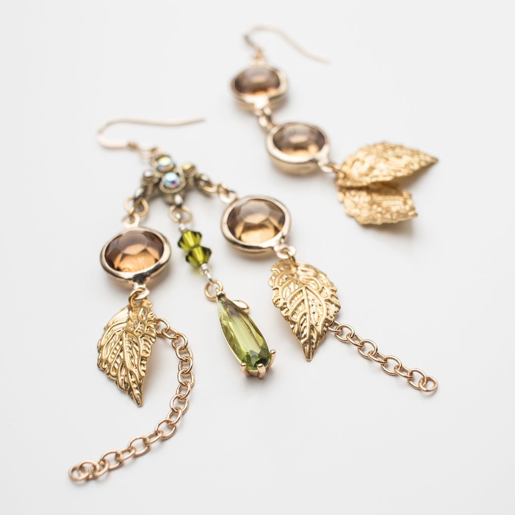 Gold Chandelier Earrings with amber, leaves and green crystal in a Mismatch upcycle Style