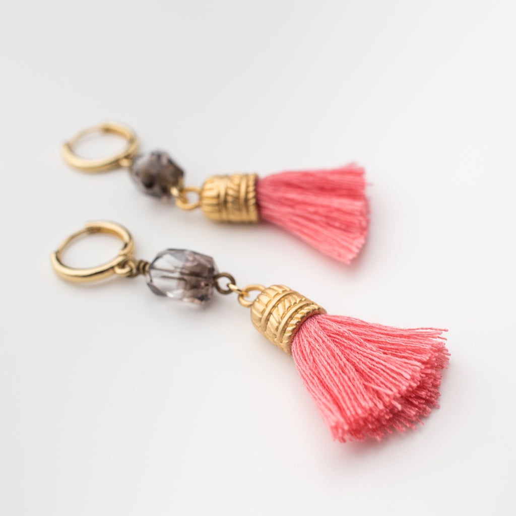 Bright pink tassel with a sparkly crystal quartz  on a mini hoop, matching style earrings. 