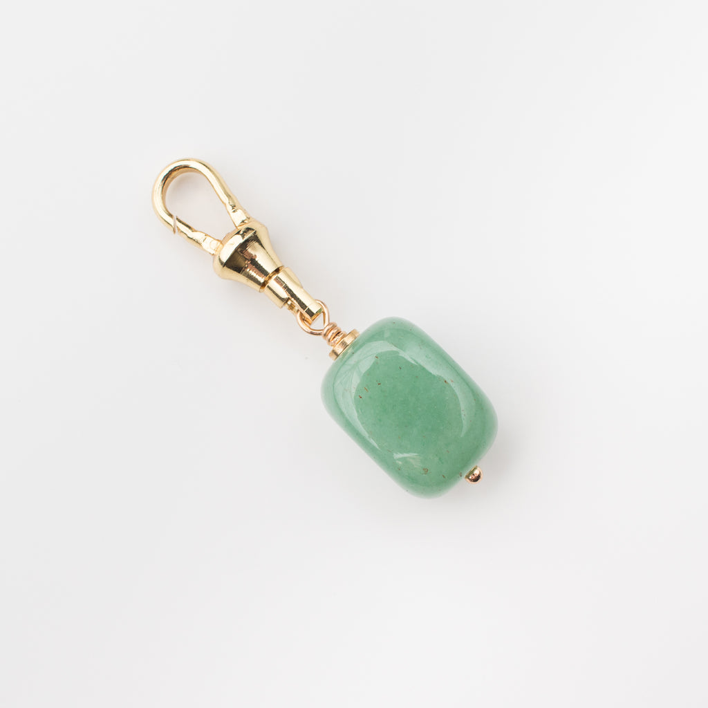 Green aventurine gemstone charm on a gold latch for a dog leash, dog collar, handbag, change purse, on the go lululemon bag and key chain. 