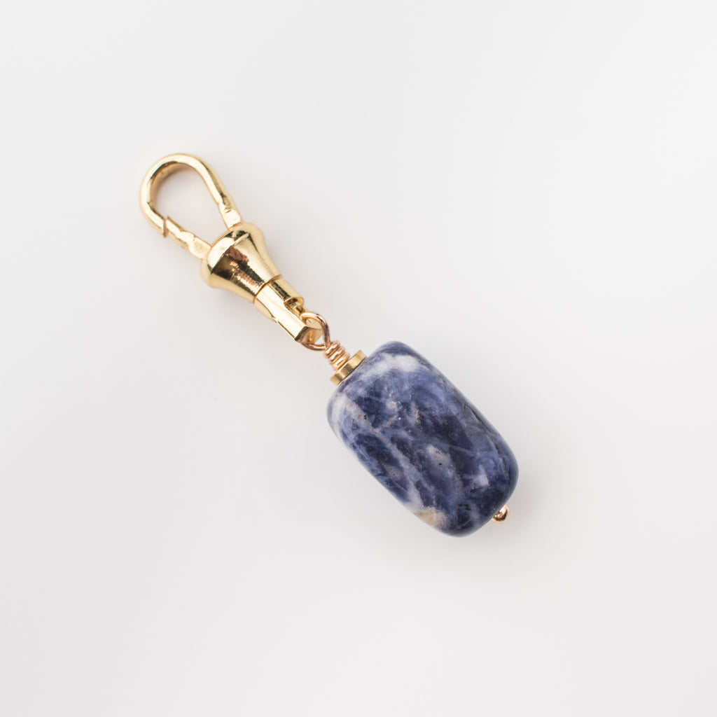Blue sodalite gemstone charm on a gold latch for a dog leash, dog collar, handbag, change purse, on the go lululemon bag and key chain. 