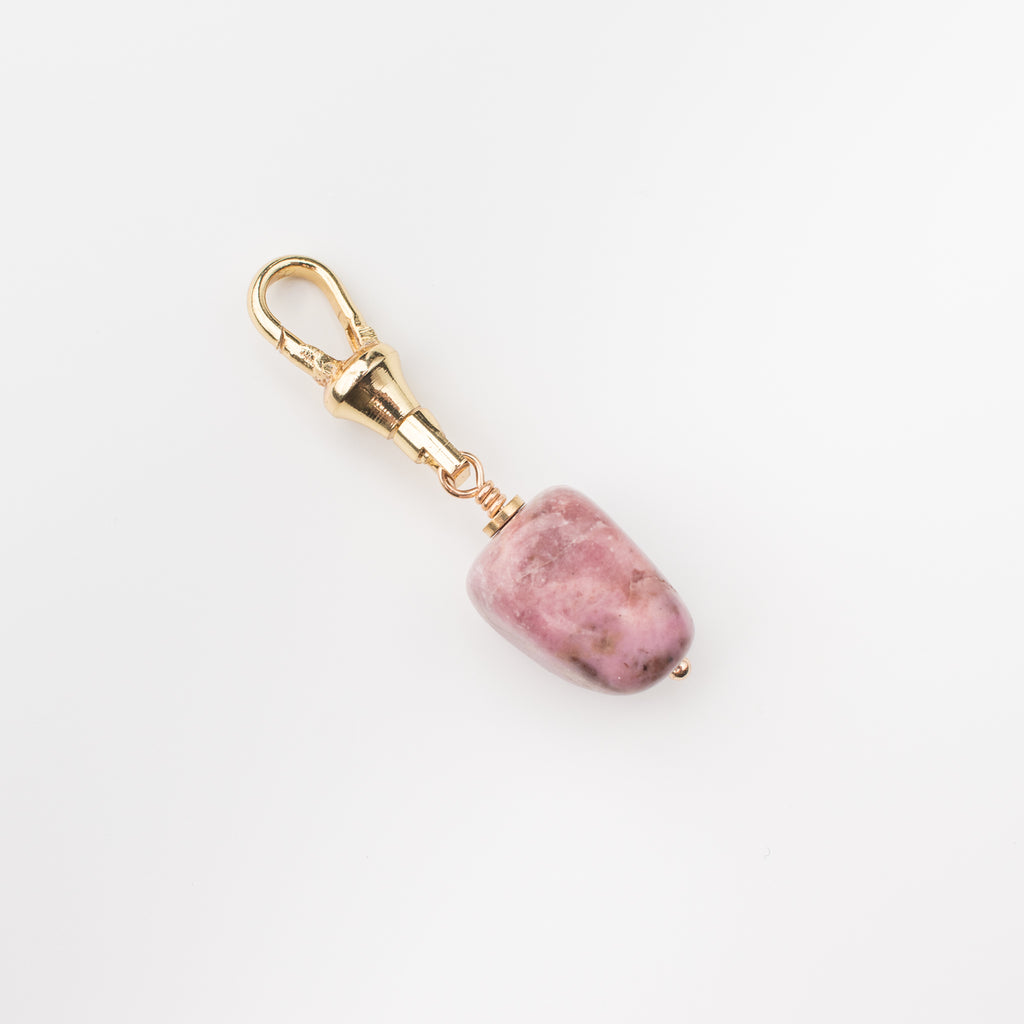 Blush pink rhodonite gemstone charm on a gold latch for a dog leash, dog collar, handbag, change purse, on the go lululemon bag and key chain. 