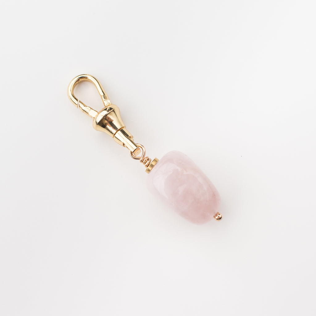Pink Rose quartz gemstone charm on a gold latch for a dog leash, dog collar, handbag, change purse, on the go lululemon bag and key chain. 