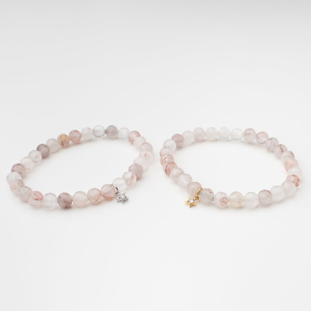 Cherry quartz stretchy bracelet with gold filled sparkly star or silver sparkly star. 