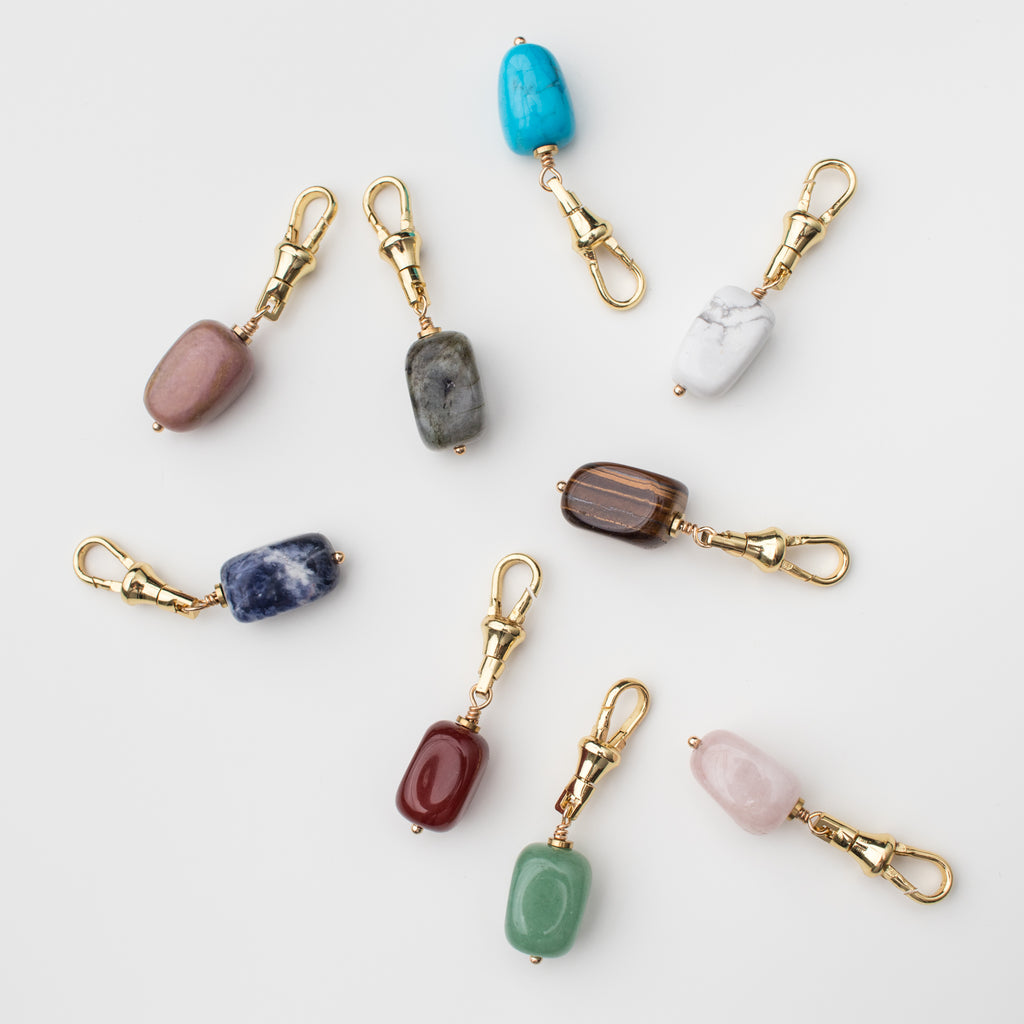 Gemstone charms on a gold latch for a dog leash, dog collar,  handbag, change purse, on the go lululemon bag and key chain. 