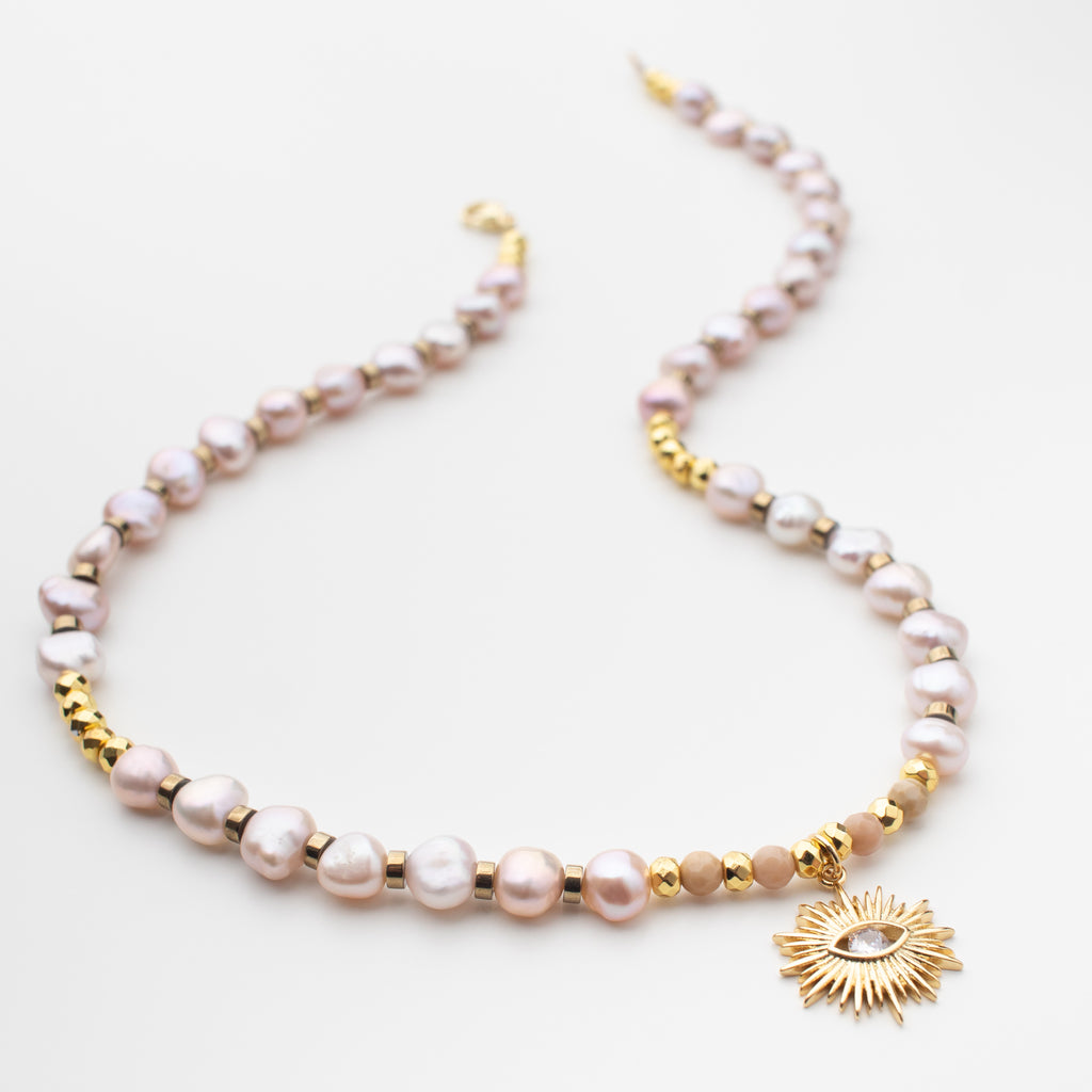 Gold sun Pendant Necklace with Light blush freshwater Pearl and Hematite Gemstone in Short Style