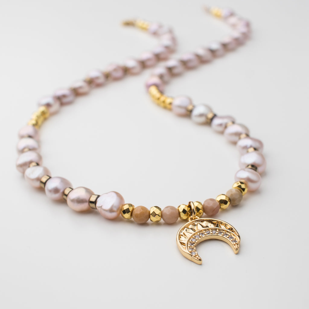 Gold Moon Pendant Necklace with Light blush fresh water Pearl and Hematite Gemstone in Short Style