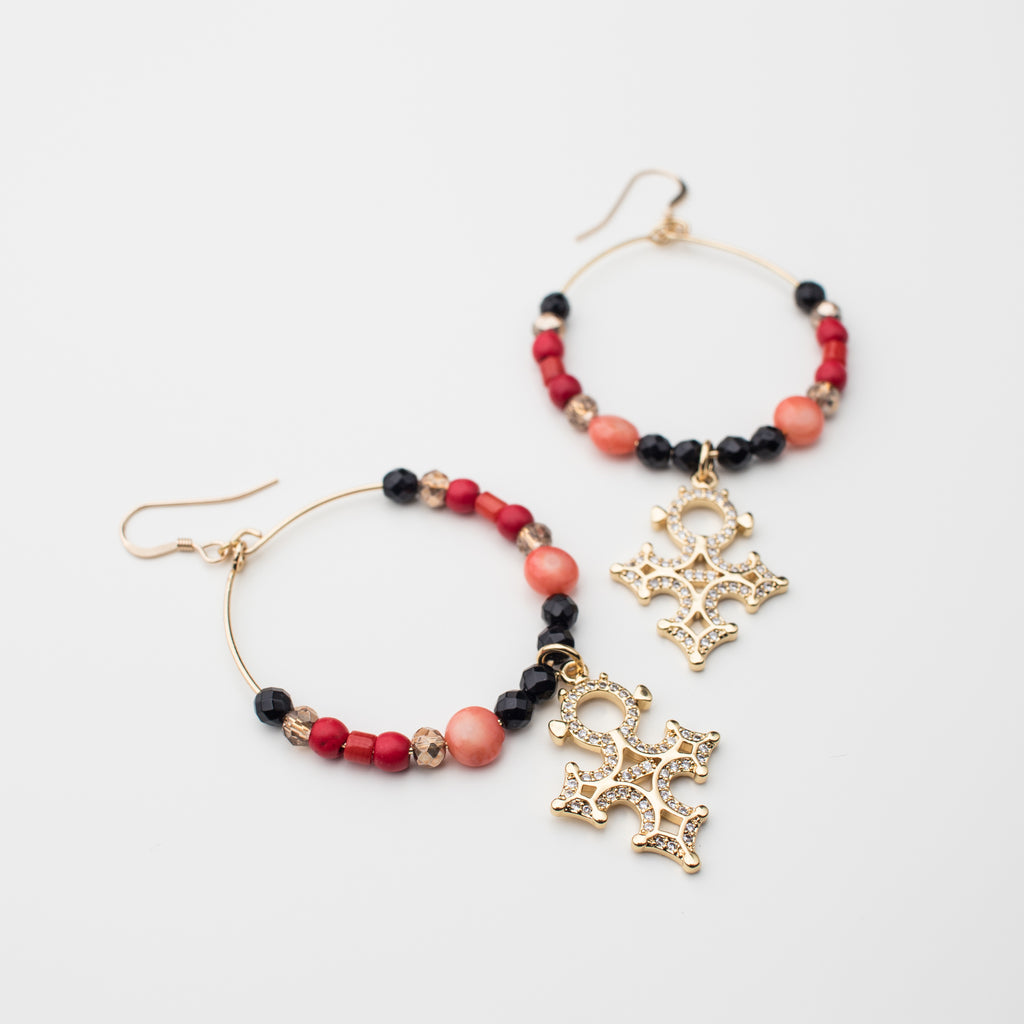 Luxe Bohemian hoop earrings. Gold hematite, red magnesite, peach coral and sparkly black onyx in a matching style, inspired by the runway.