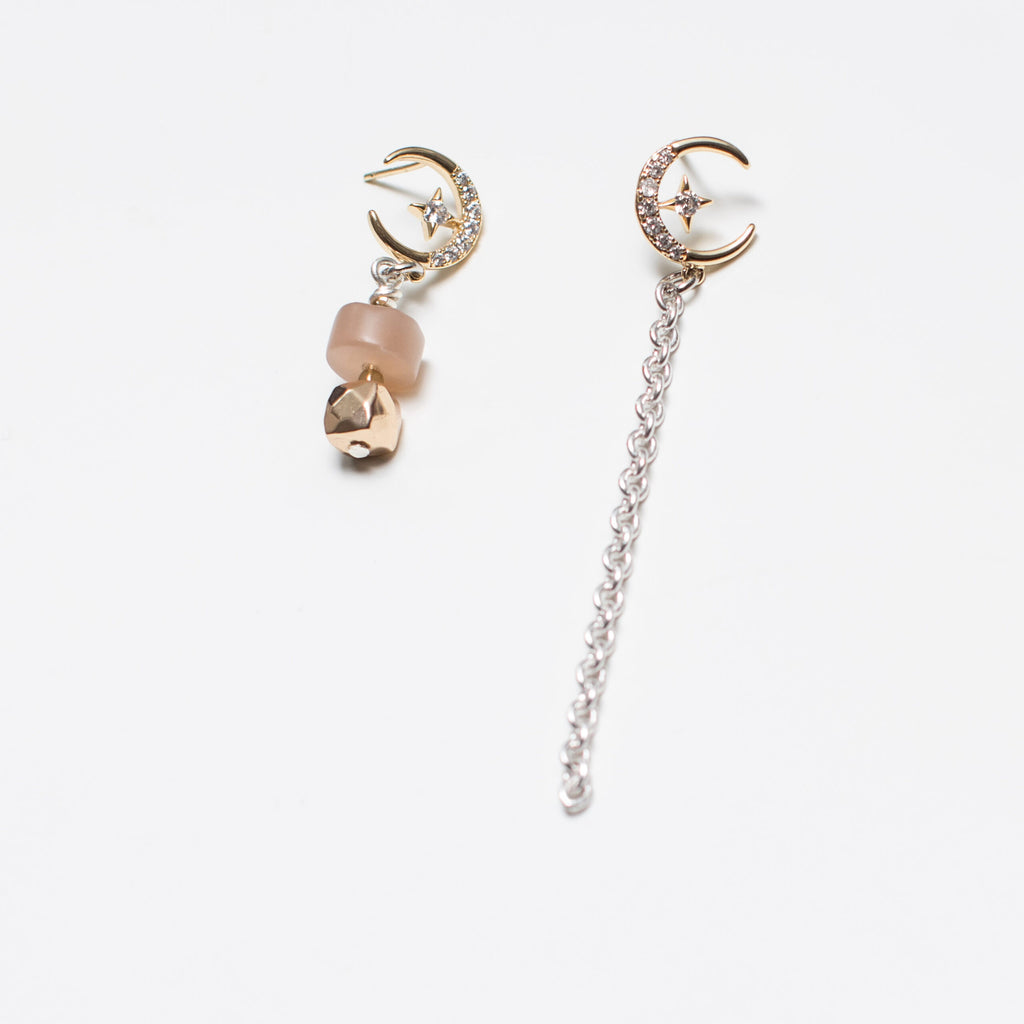 Gold Stud Earrings with 2 Moons, Peach Moonstone and Hematite Gemstone in Mismatch Style