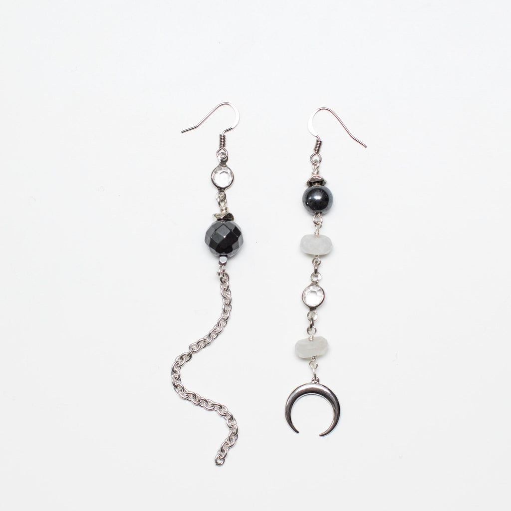 Silver Earrings with Moon, Grey Hematite and Opalescent Moonstone Gemstone in Mismatch Style