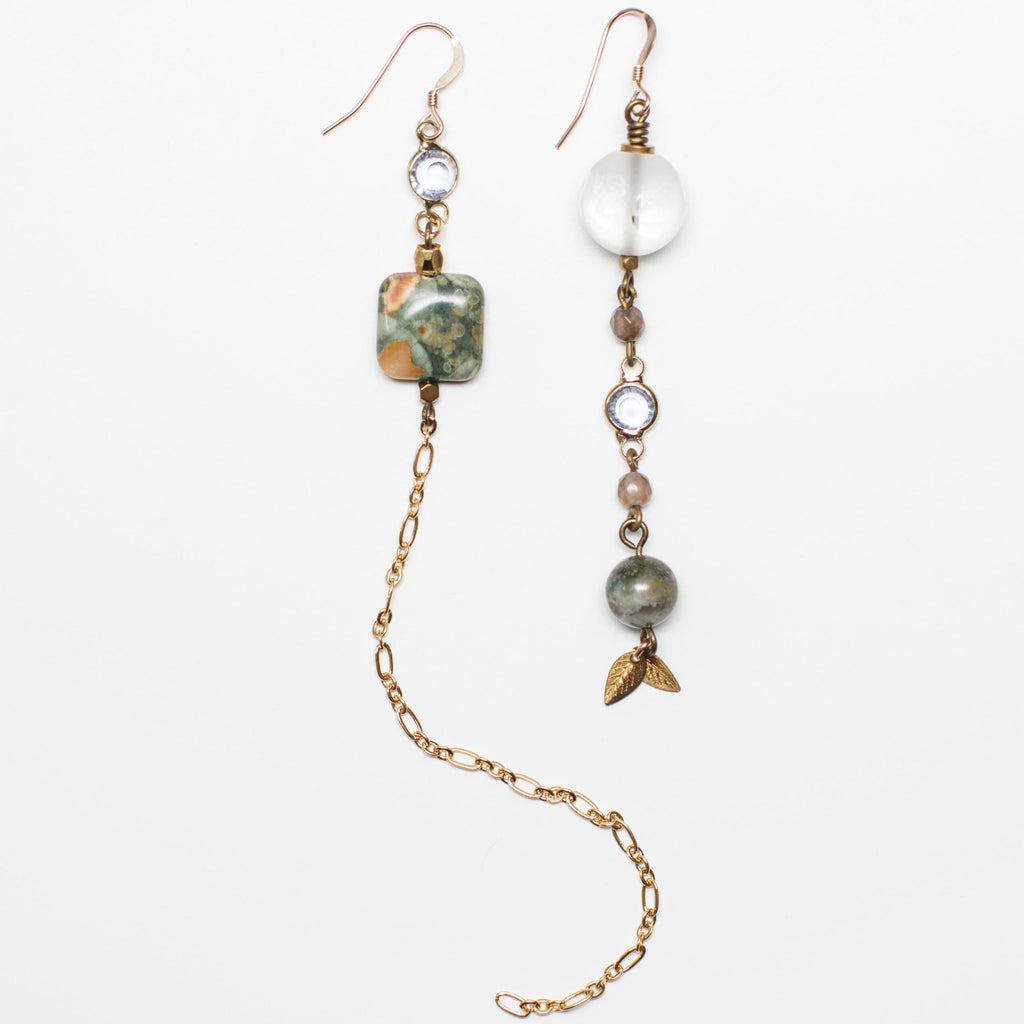 Gold Earrings with Leaf, Cloudy Quartz and Moss Agate Gemstone in Mismatch Style