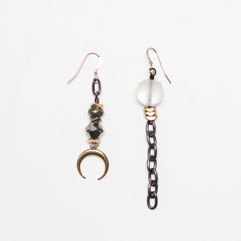 Gold Earrings with Moon, Pyrite and Cloudy Quartz Gemstone in Mismatch Style