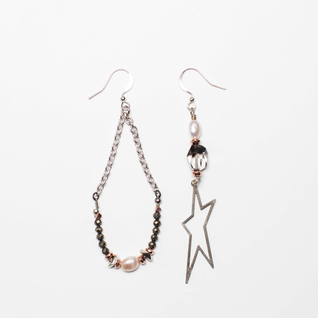 Silver Earrings with Star, Pearl, Pyrite and Smoky Quartz Gemstone in Mismatch Style