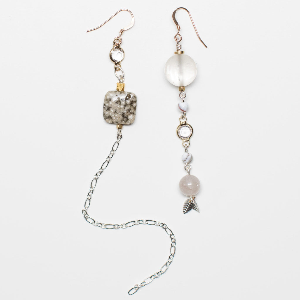 Silver Earrings with Leaf, Cloudy Quartz and Grey Agate Gemstone in Mismatch Style