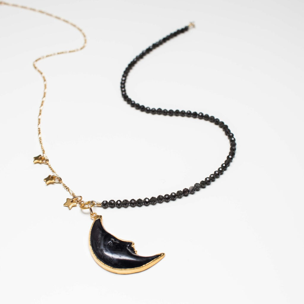 Gold Moon & Star Pendant Necklace with Charcoal Obsidian Gemstone in Short Style