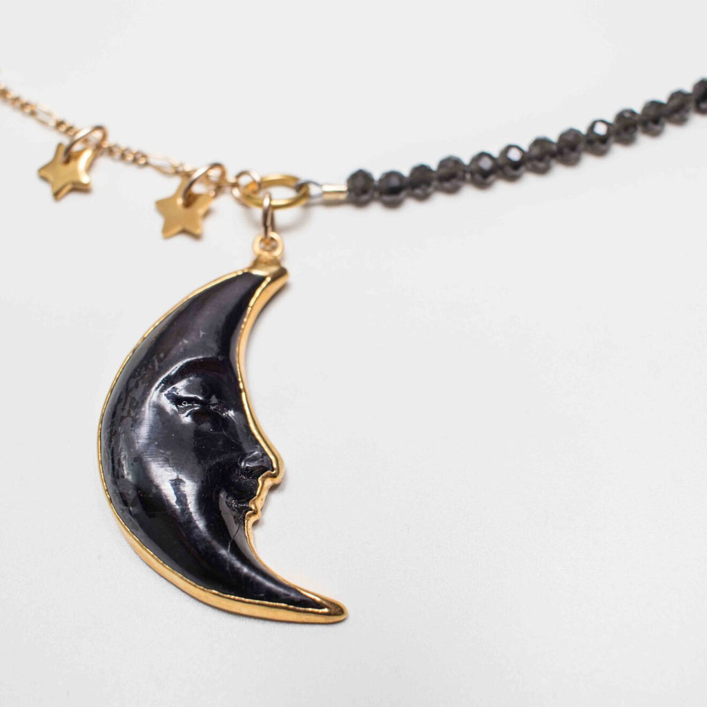 Gold Moon & Star Pendant Necklace with Charcoal Obsidian Gemstone in Short Style