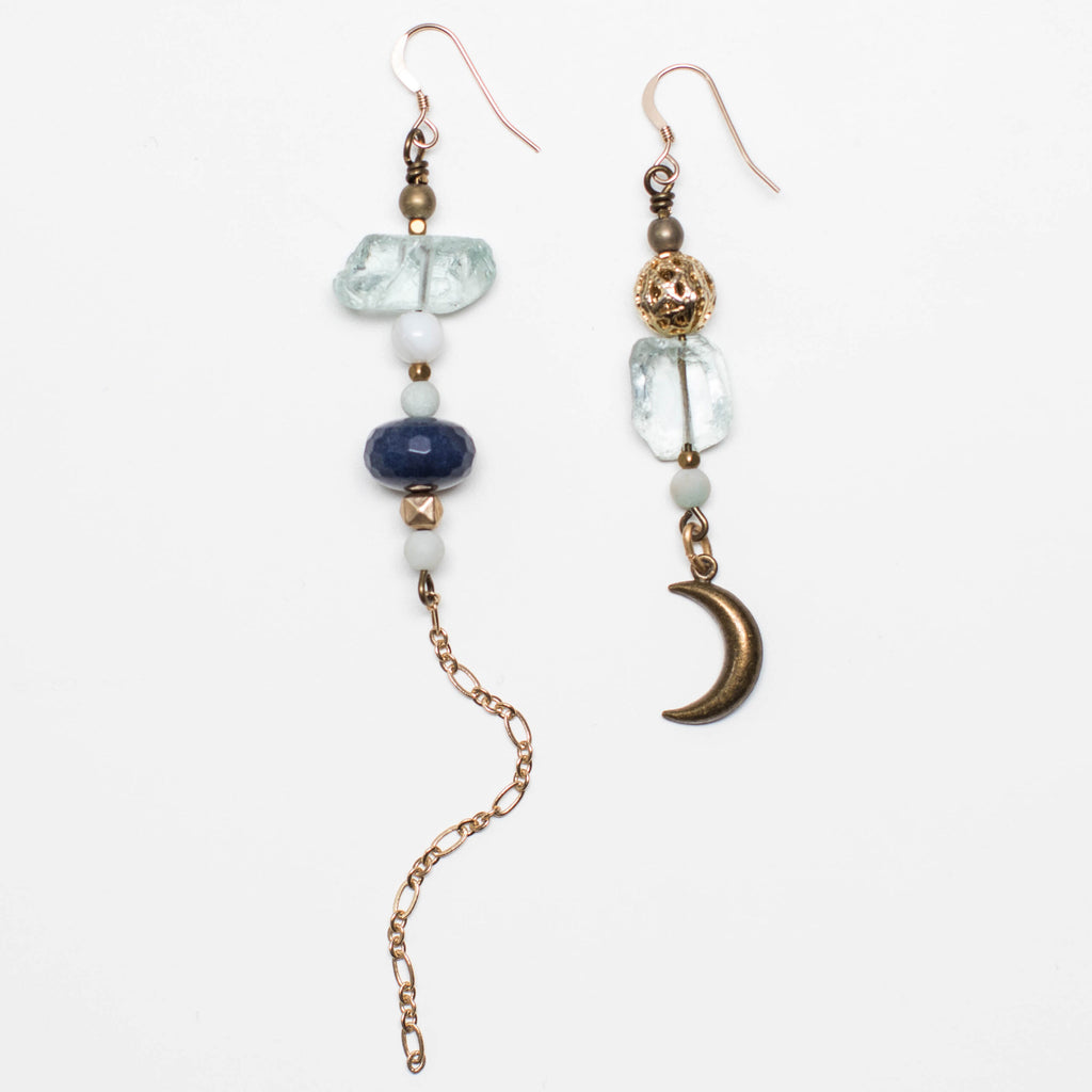 Gold Earrings with Moon, Aqua Glass and Blue Gemstone in Mismatch Style