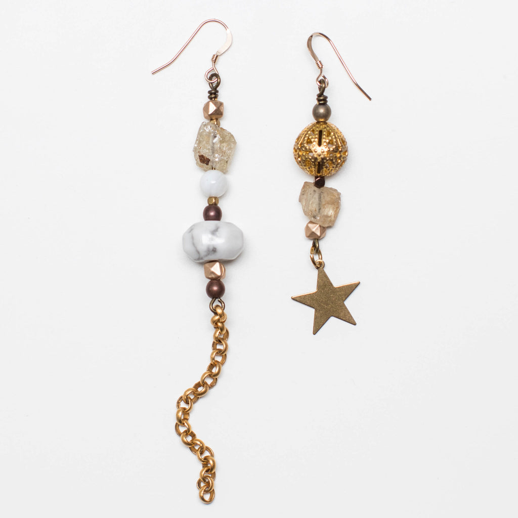 Gold Earrings with Star, White Howlite and Kunzite Gemstone in Mismatch Style