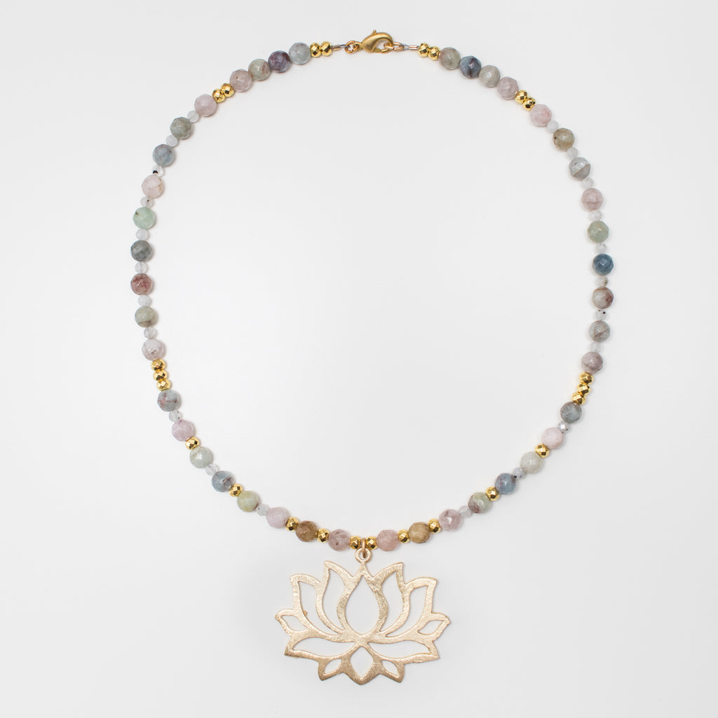 Gold Lotus Pendant Necklace with Light Pink & Blue Morganite Gemstone in Short Style
