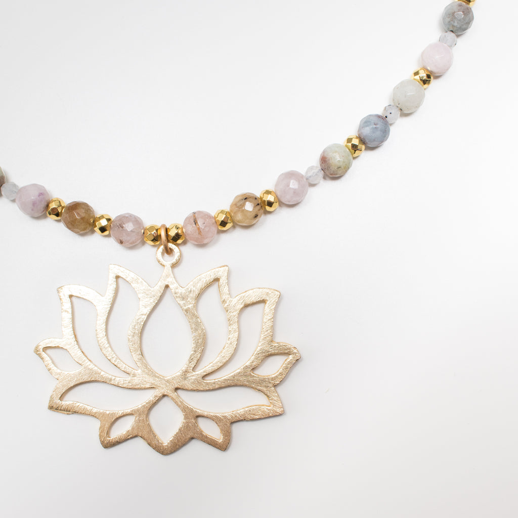 Gold Lotus Pendant Necklace with Light Pink & Blue Morganite Gemstone in Short Style