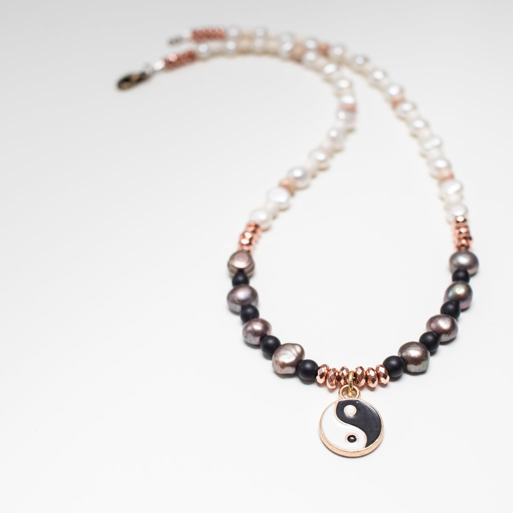 Rose Gold Yin Yang Pendant Necklace with Cream/Aubergine Pearls, Black Onyx and Hematite Gemstone in Short Style