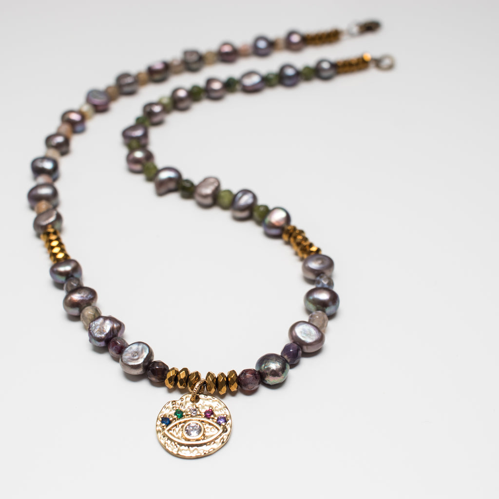 Gold Eye Pendant Necklace with Aubergine Pearl, Ombre Agate and Hematite Gemstone in Short Style