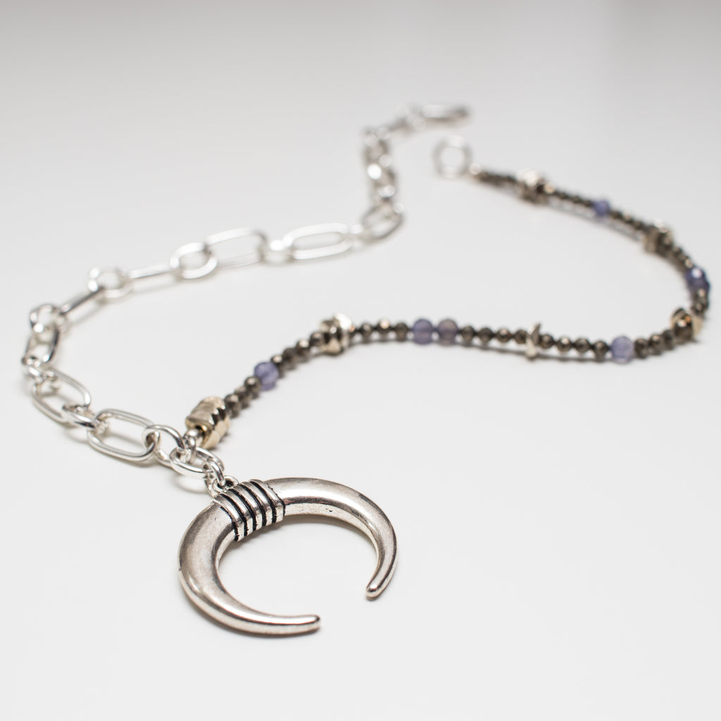 Silver Moon Pendant Necklace, Pyrite and Blue Lotite Gemstone in Short Style, amuletta amulet amulette style jewelry jewellery, handmade bespoke bohemian boho quality.