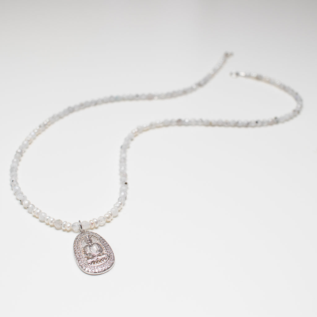 Silver Buddha Pendant Necklace with Cream Pearl and Opalescent Moonstone Gemstone in Short Style