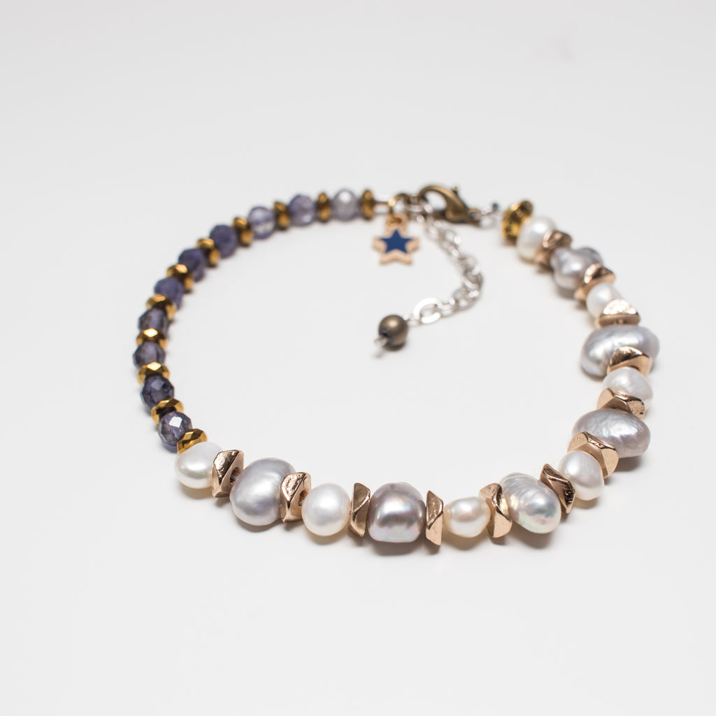 Gold Bracelet with Blue Star, Light Grey Pearl, Hematite and Blue Lolite Gemstone in Clasp Style