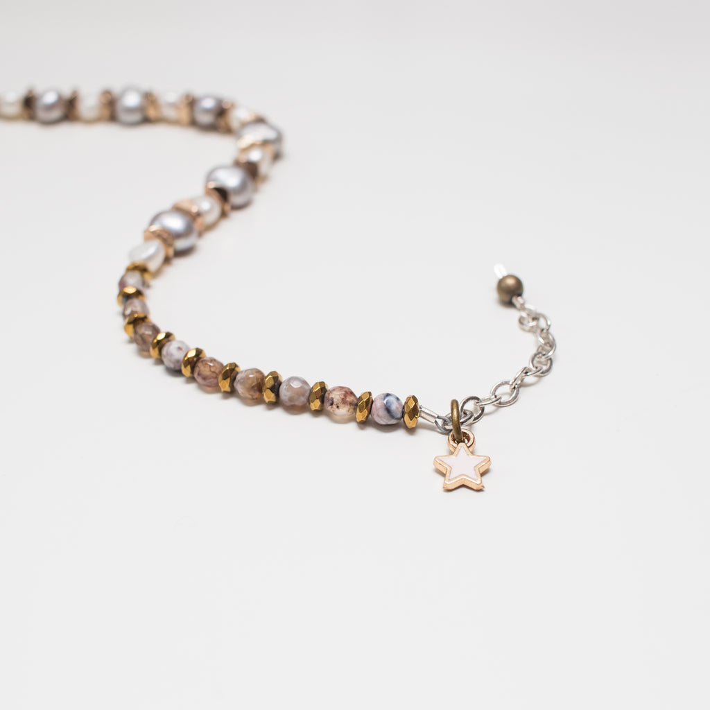Gold Bracelet with pink Star, Light Grey Pearl, Hematite and agate Gemstone in Clasp Style