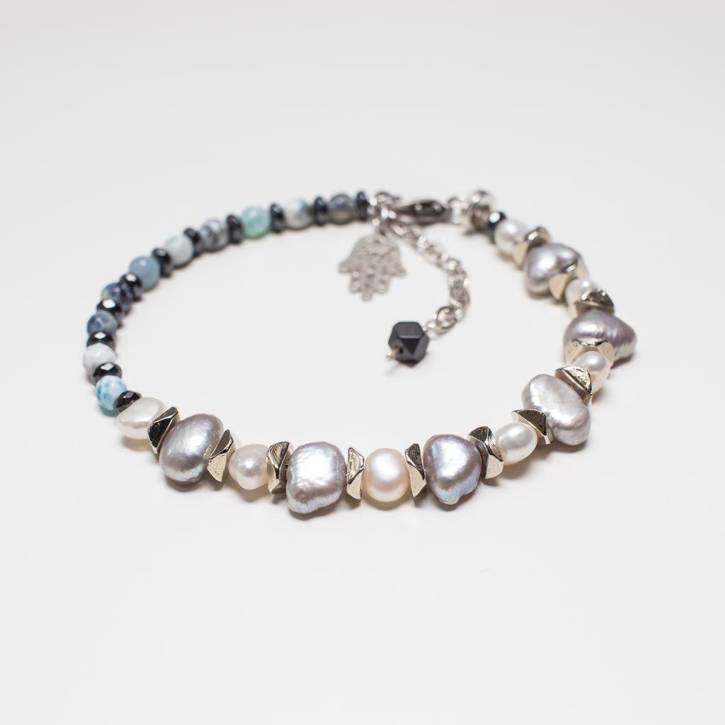 Silver Bracelet with Hamsa Hand, Light Grey Pearl, Hematite and Blue Agate Gemstone in Clasp Style