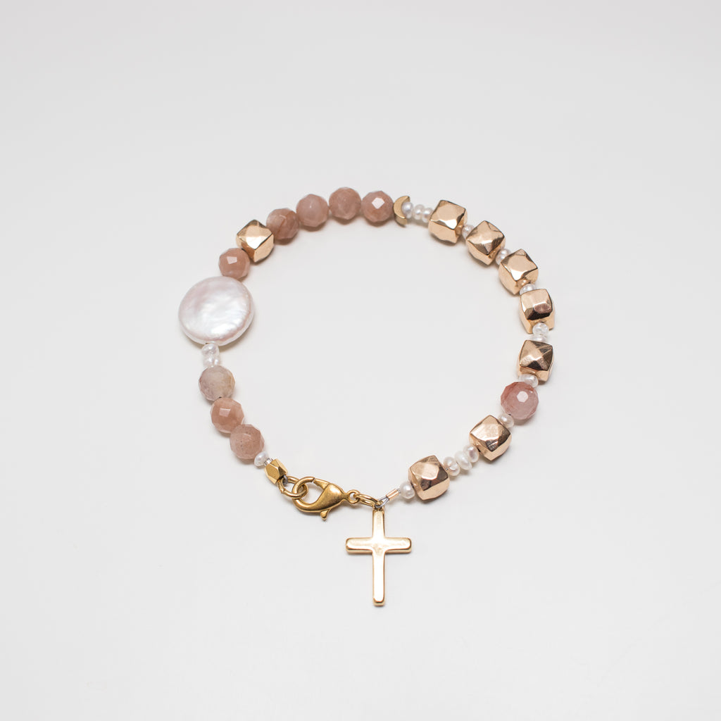 Gold Bracelet with Cross, Pearl, Peach Sandstone and Hematite Gemstone in Clasp Style