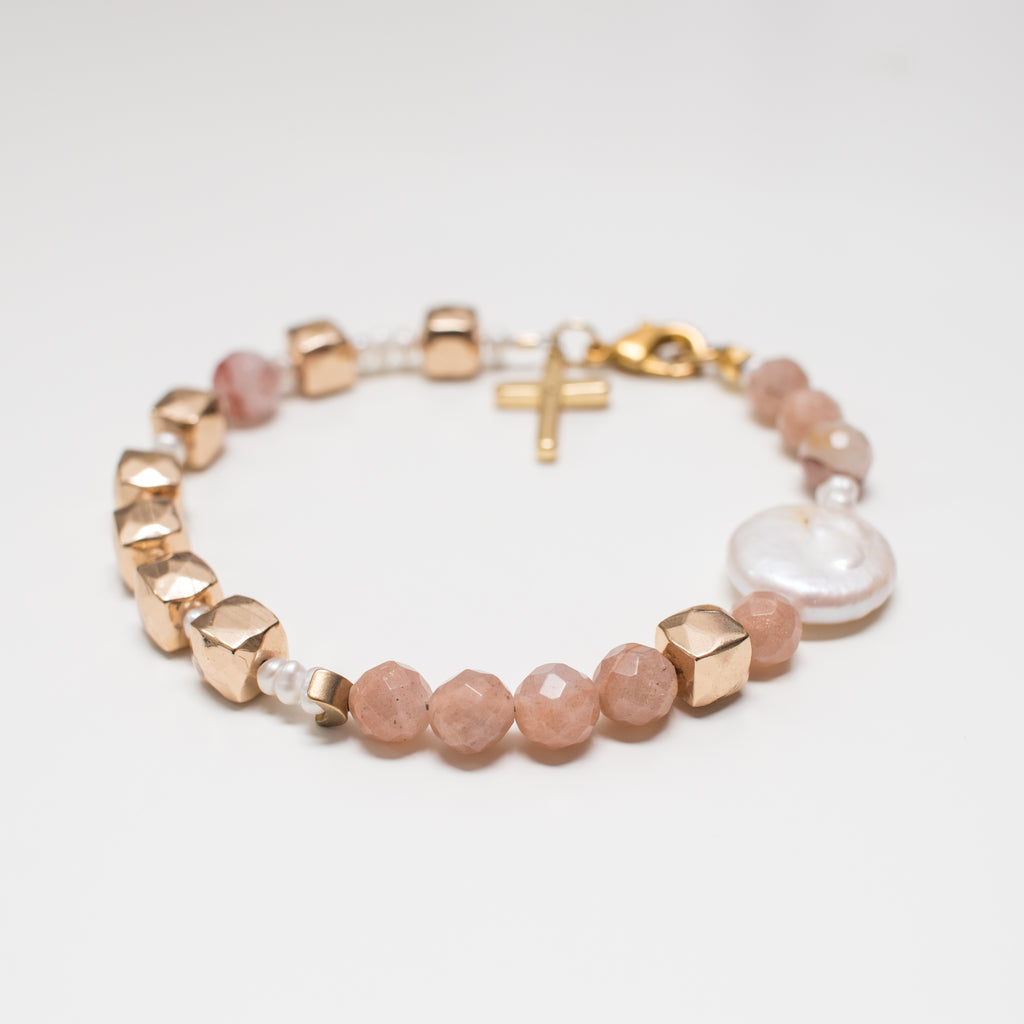 Gold Bracelet with Cross, Peach Sandstone, Pearl and Hematite Gemstone in Clasp Style