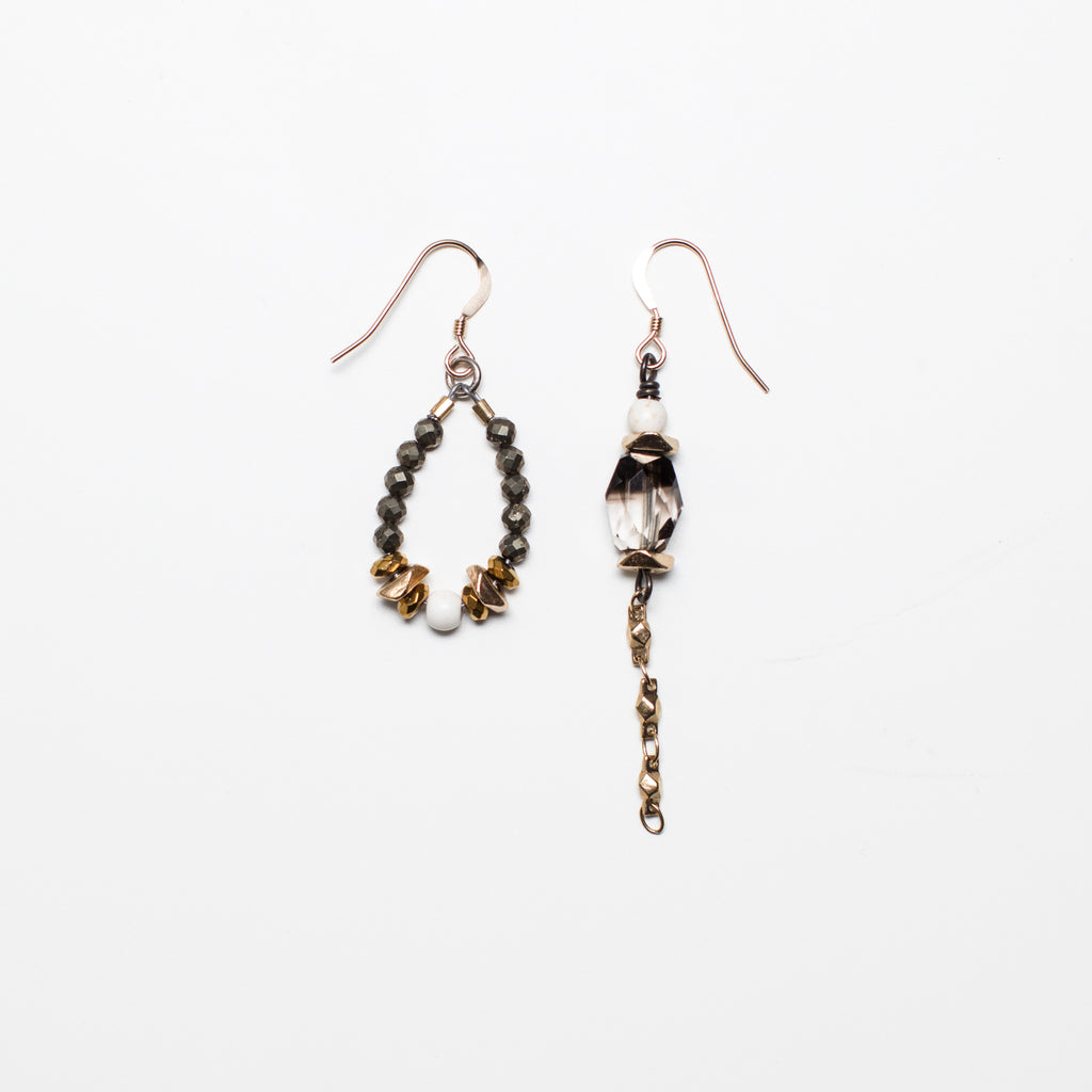 Gold Earrings with White Magnesite, Pyrite and Smoky Quartz Gemstone in Mismatch Style
