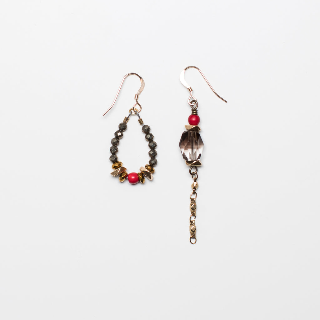 Gold Earrings with Bright Red Magnesite, Pyrite and Smoky Quartz Gemstone in Mismatch Style