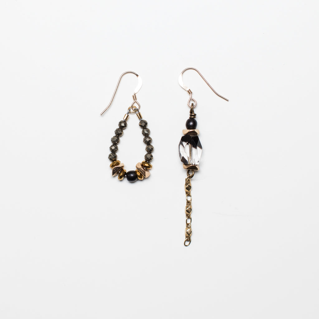 Gold Earrings with Black Magnesite, Pyrite and Smoky Quartz Gemstone in Mismatch Style